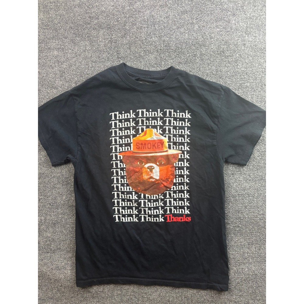 Smokey Bear T-Shirt Mens Medium Black Think Think Think Thanks Graphic Tee